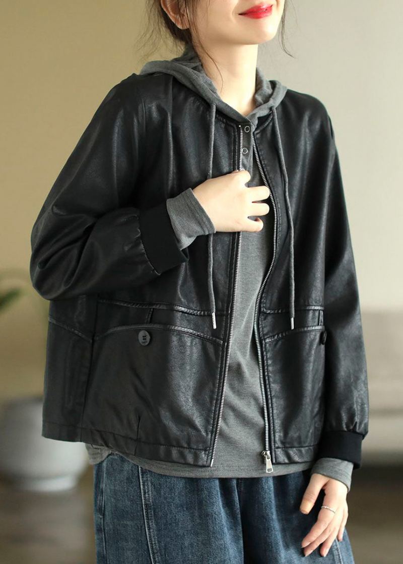 Vestes En Simili Cuir Noir Français Avec Fermeture Éclair Manteaux Printemps
