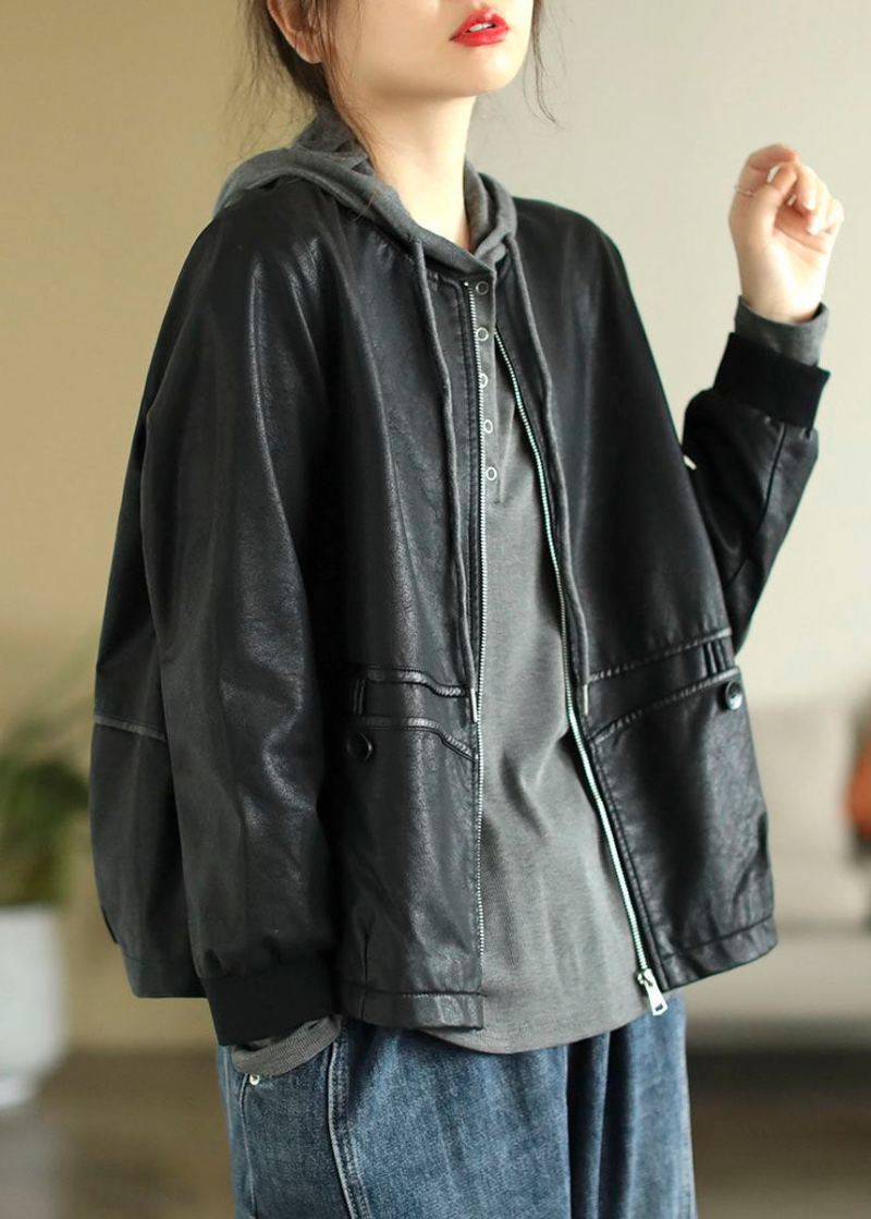 Vestes En Simili Cuir Noir Français Avec Fermeture Éclair Manteaux Printemps - Manteaux d'hiver femmes
