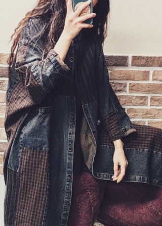 Vintage Colorblock Bouton Poches Denim Patchwork Manteau Automne