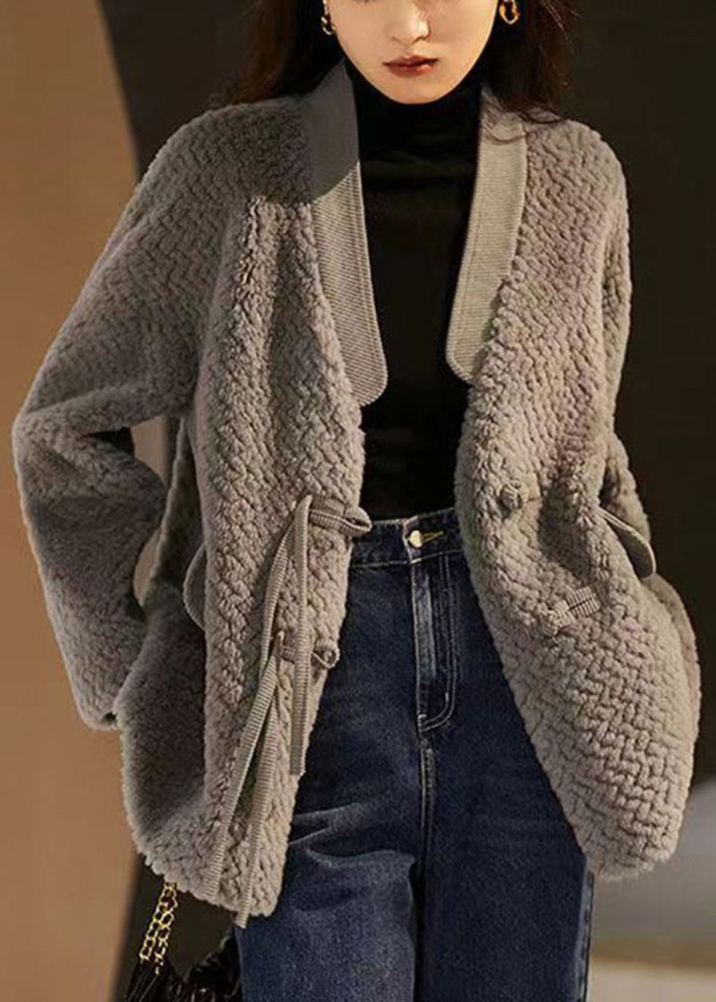 Vintage Gris Col En V Poches Bouton Patchwork Laine Manteau Hiver - Manteaux d'hiver femmes