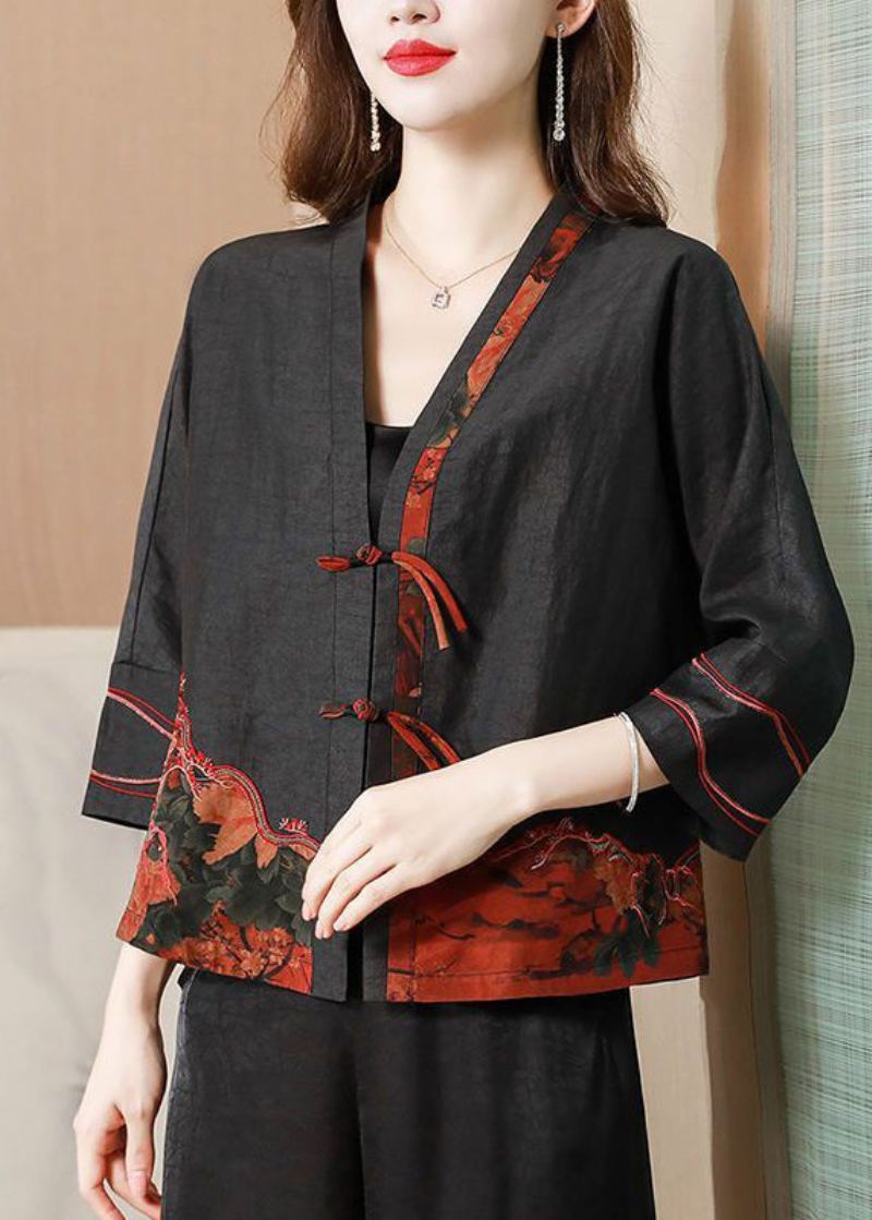 Vintage Noir Brodé Bouton Chinois Veste En Soie Bracelet Manche - Manteaux d'hiver femmes