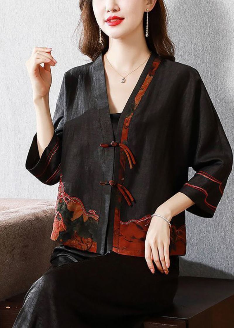 Vintage Noir Brodé Bouton Chinois Veste En Soie Bracelet Manche - Manteaux d'hiver femmes